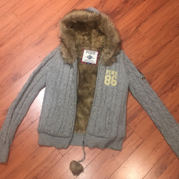 PINK Victoria's Secret Jackets & Blazers - Grey fur PINK winter sweater fur lined hoodie